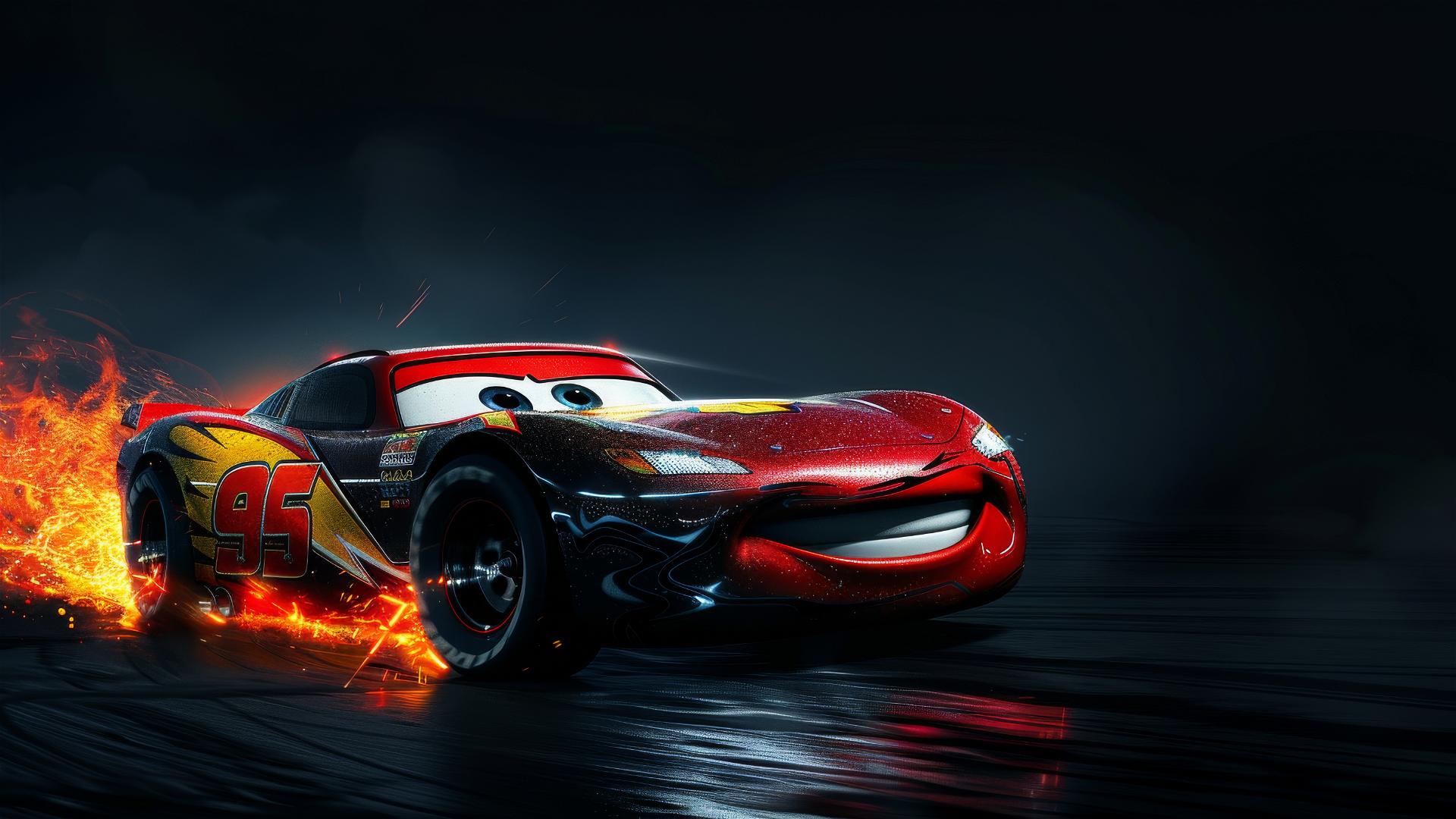 Lightning McQueen in Harry Potter style with spotlight on dark