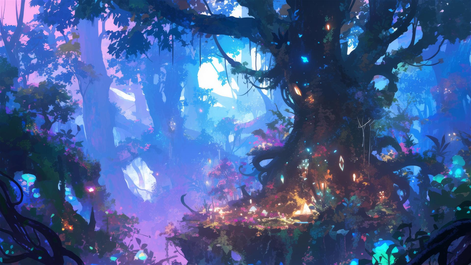 Fantasy enchanted forest with shimmering plants and ghostly spirits