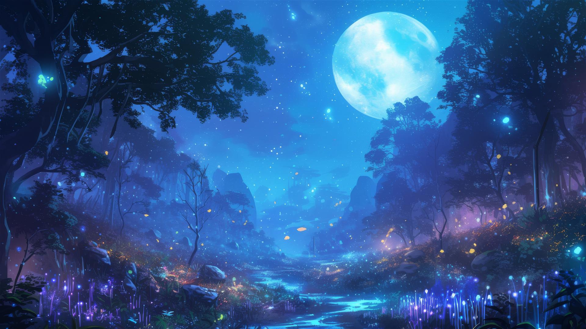 Enchanted forest at night with glowing plants and spirits under stars