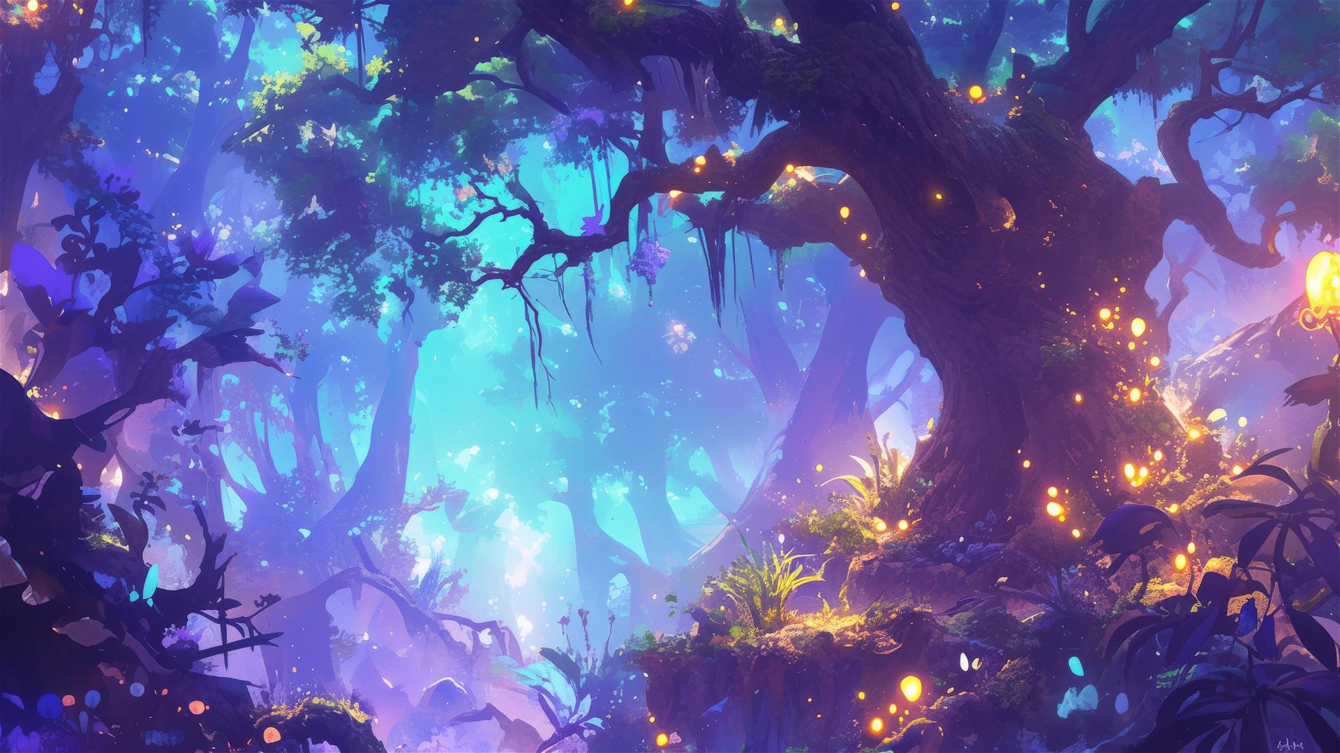 Ethereal spirits and glowing plants in a mystical forest
