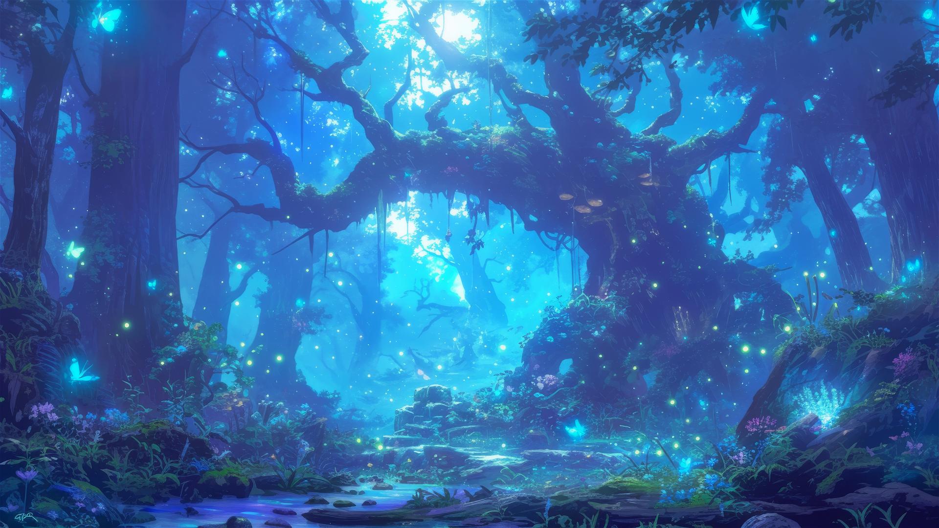 Enchanted forest with ethereal spirits and glowing plants