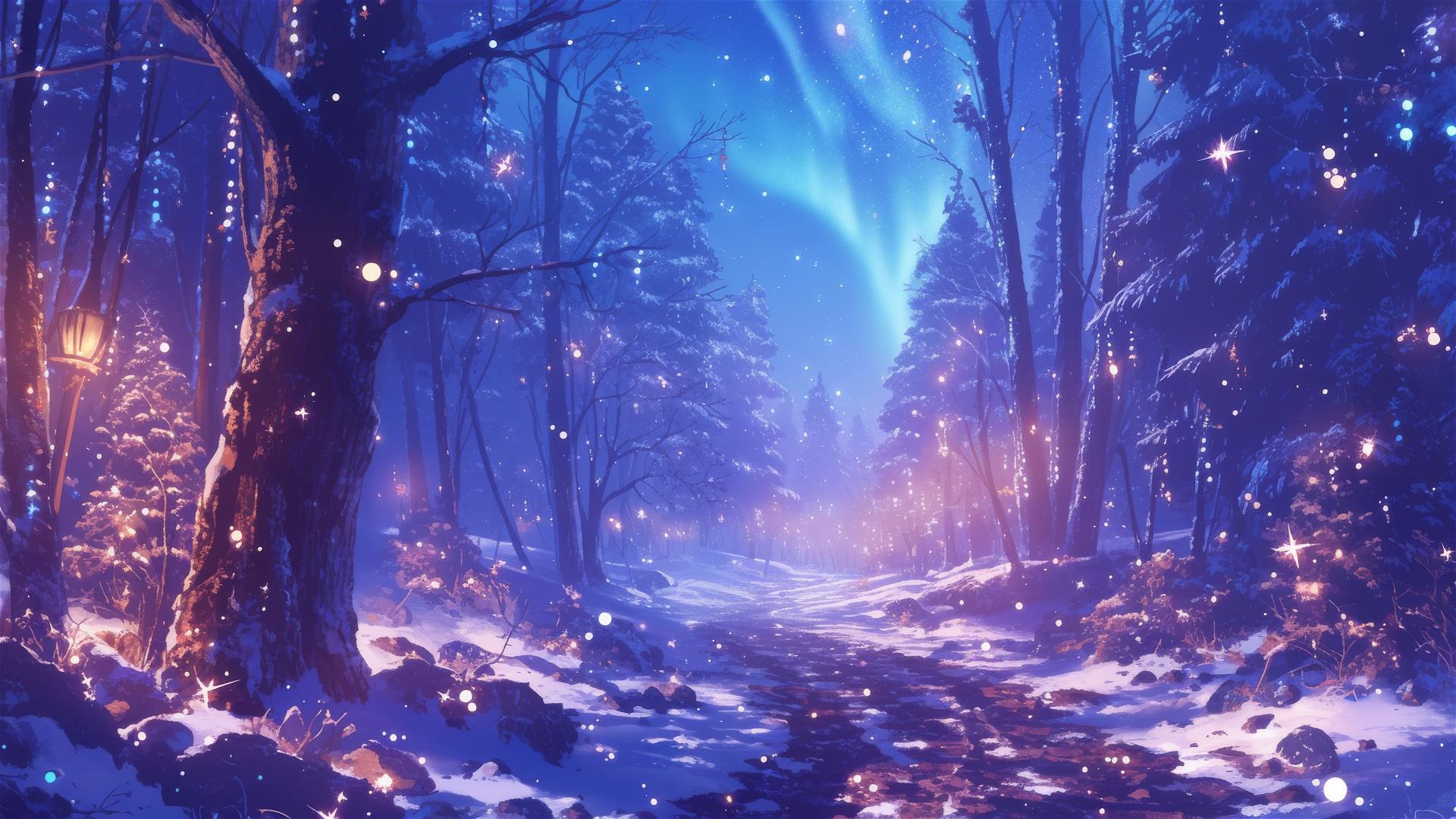 Winter forest path under aurora borealis with frosted trees