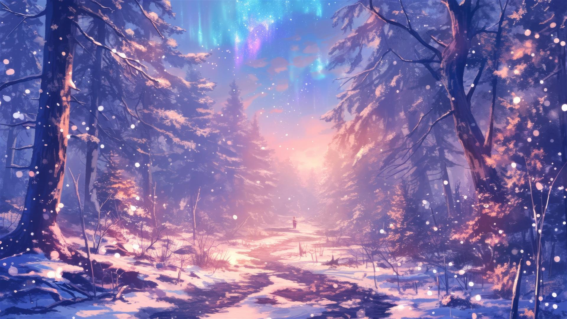 Snowy path under aurora borealis in a winter forest