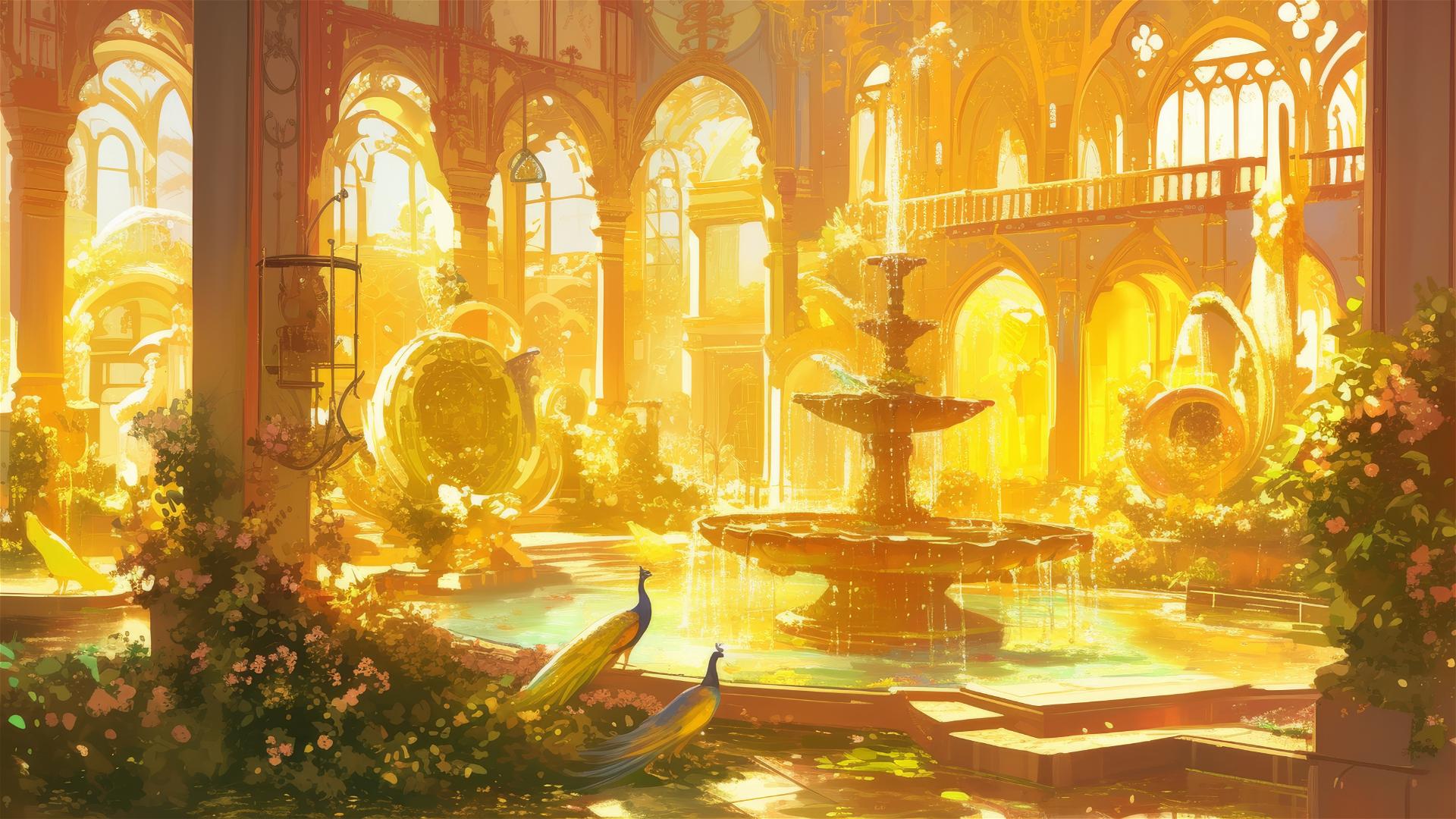 Palace garden with fountains, peacocks & flowering vines in sunset light