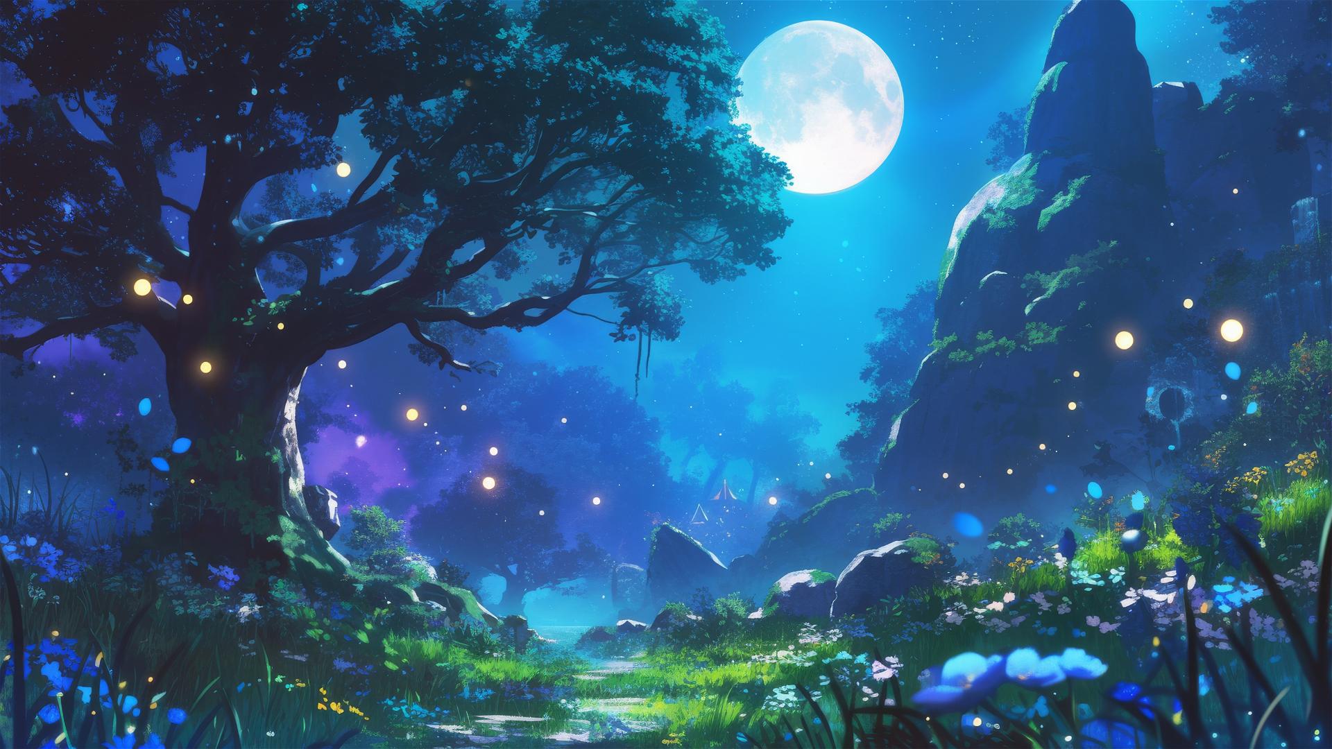 Path lit by fireflies in enchanted meadow under full moon