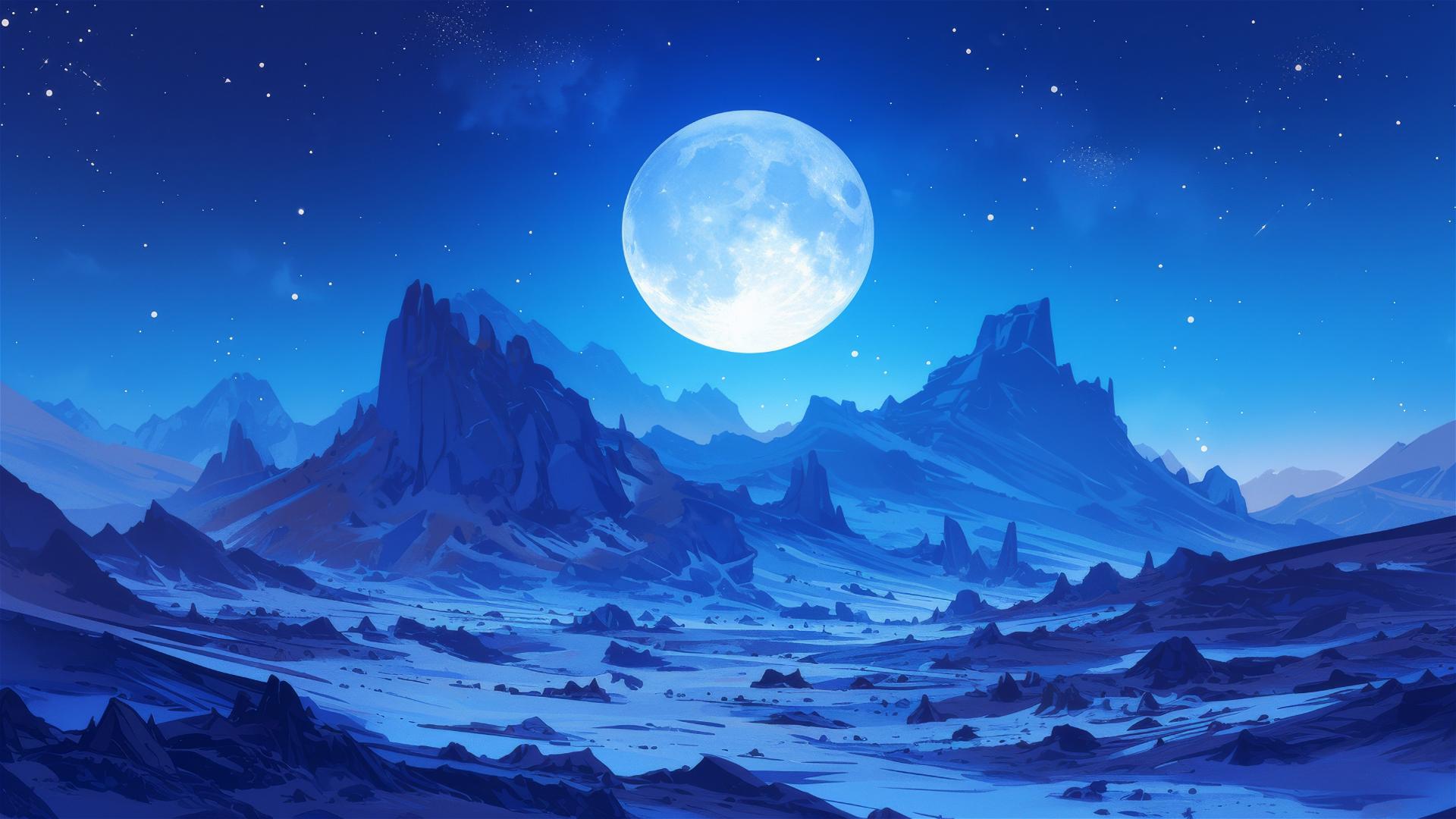 Surreal badlands under full moon with eerie shadows