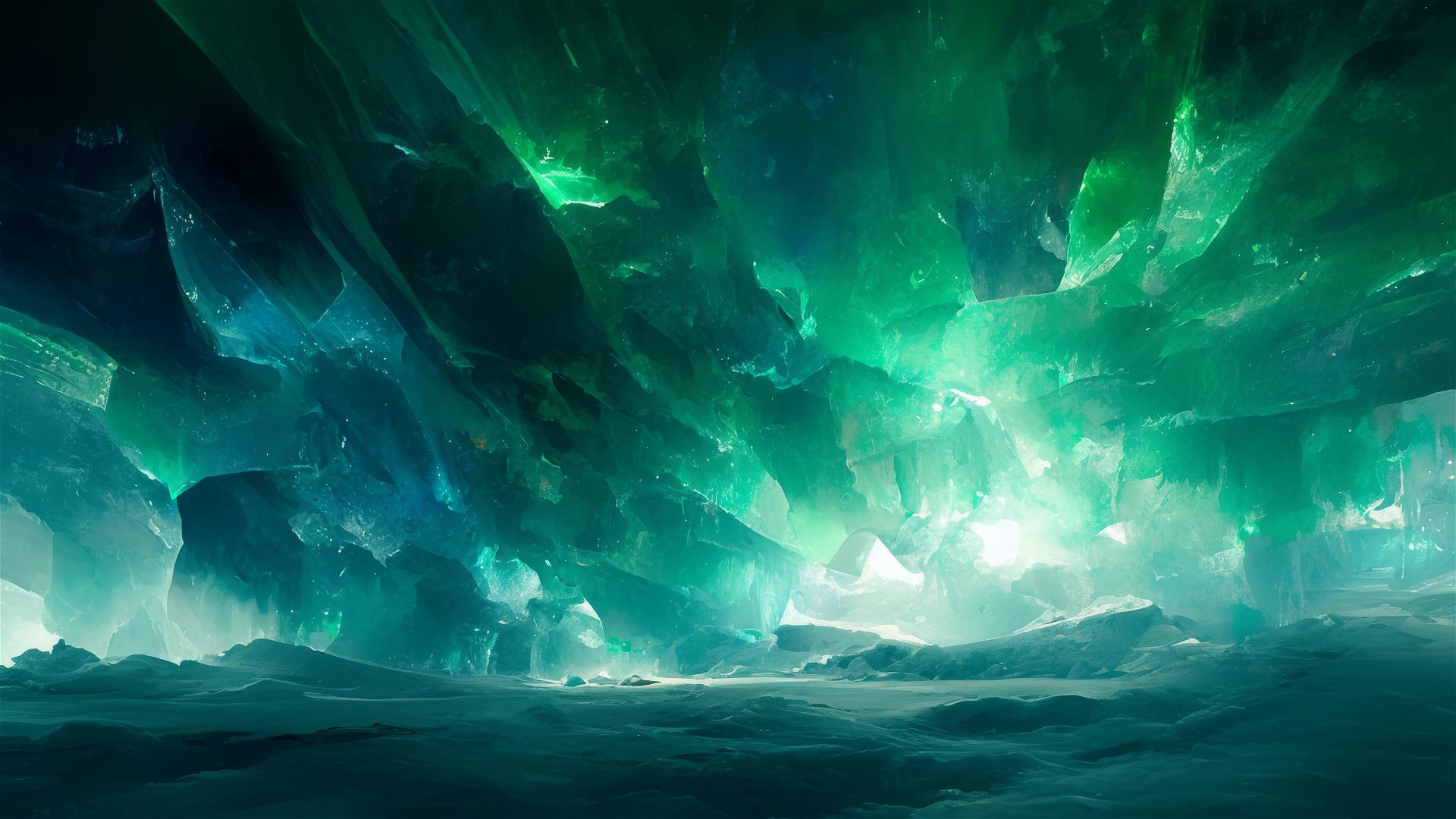 Icy cave with green aurora glow