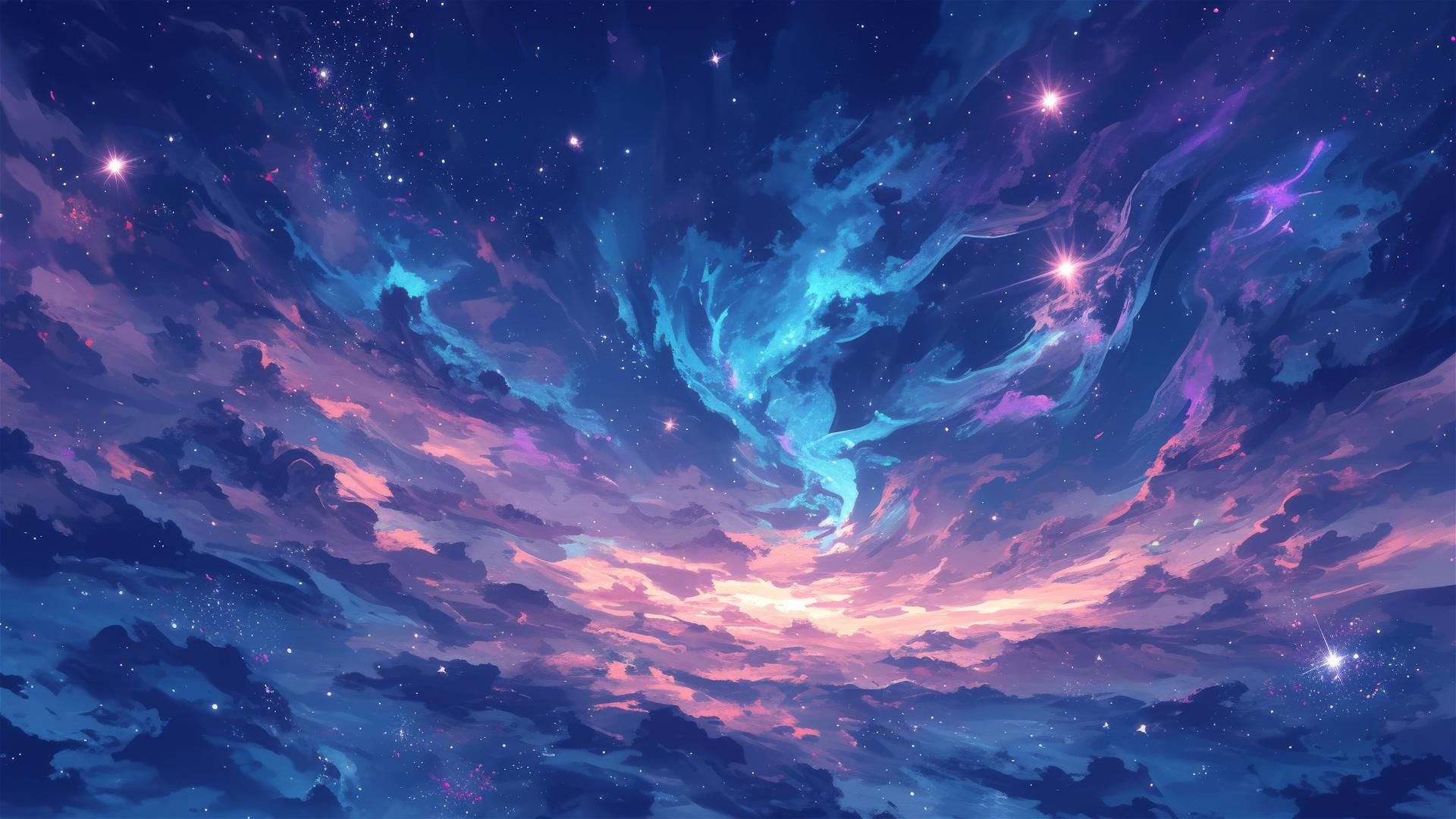 Twinkling stars in a vibrant nebula of pink, blue, and purple hues
