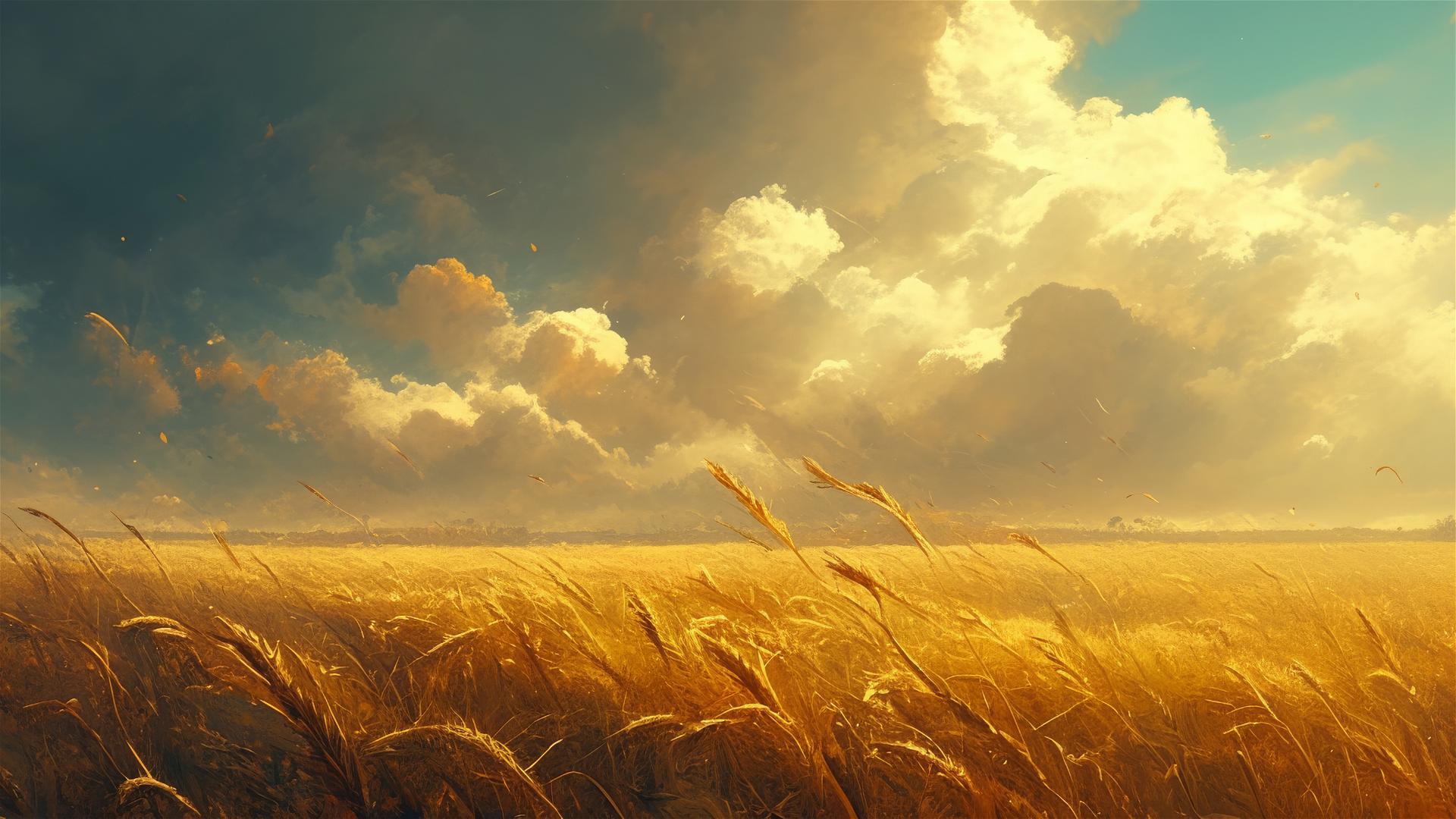 Golden wheat field with stormy sky and wind-swept waves in crops