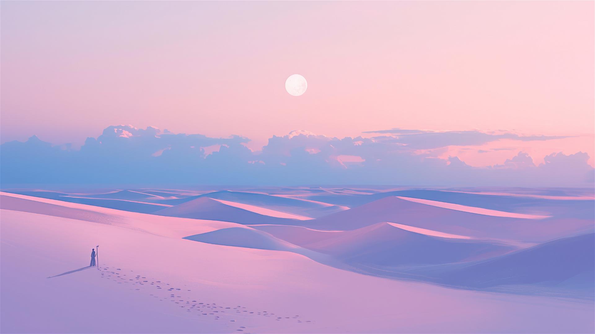 Moonlit desert with smooth dunes and pastel sky