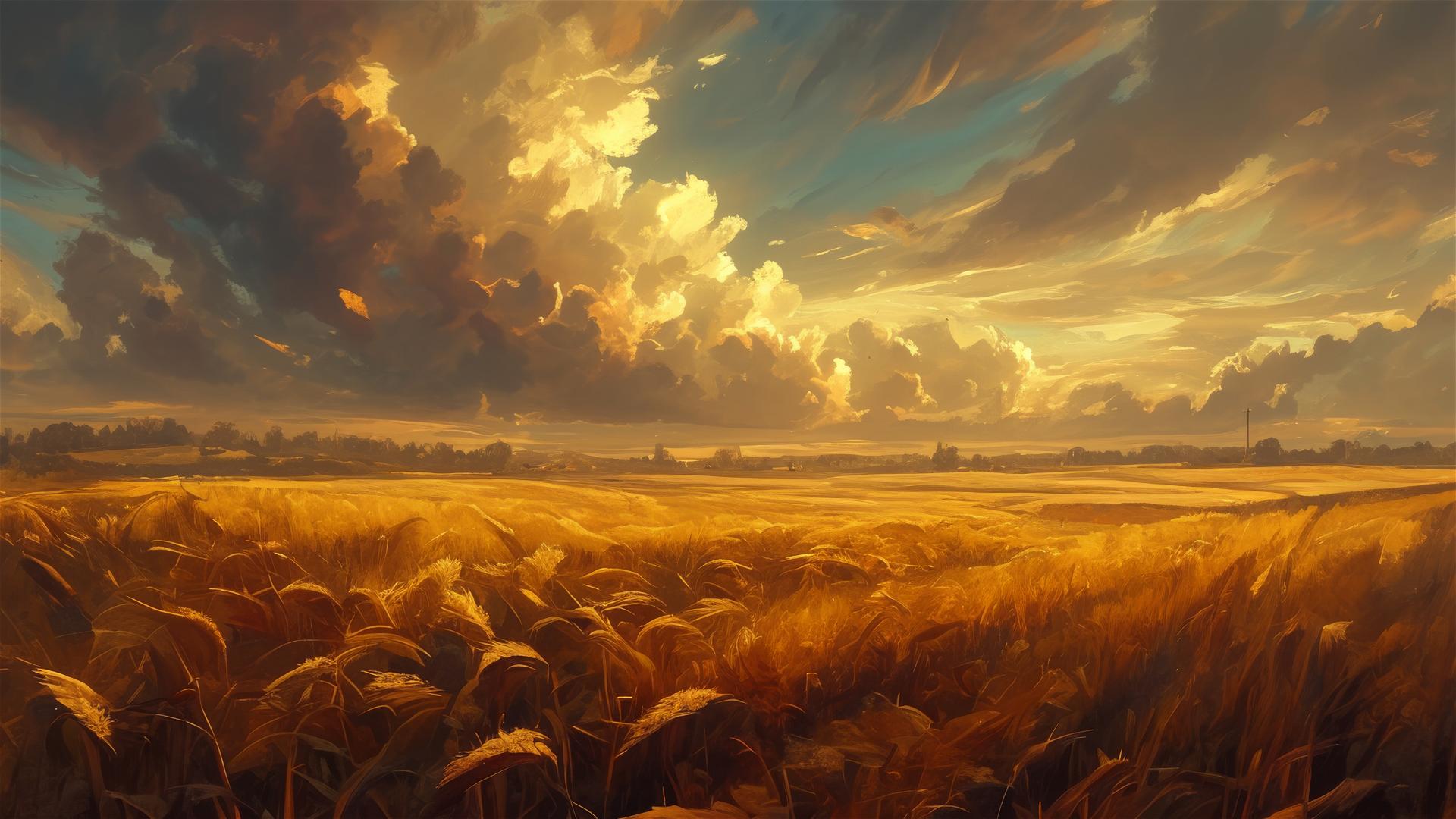 Waves of golden wheat under a tempestuous sky