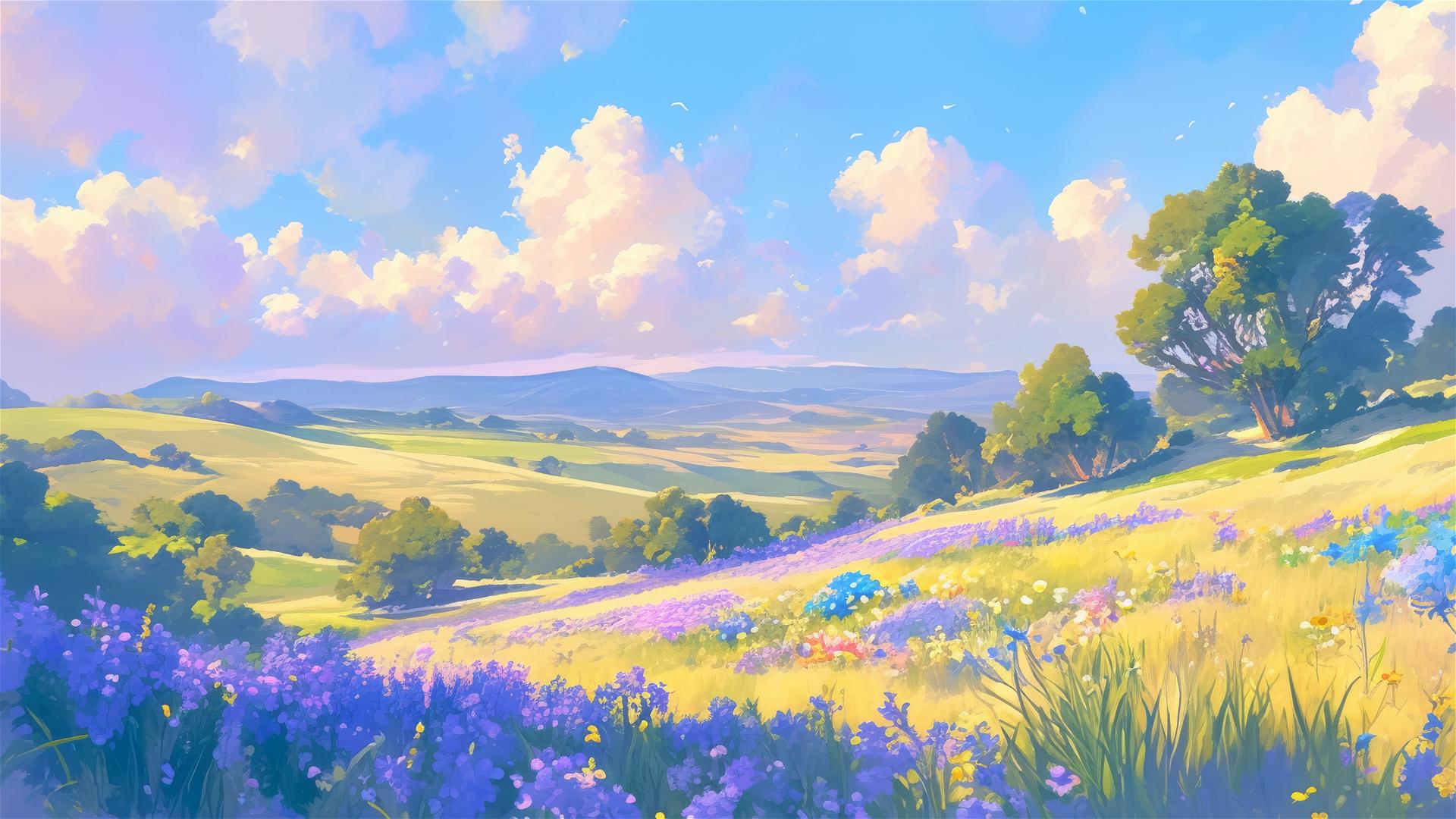 Wildflowers on breezy hills with a peaceful rural backdrop