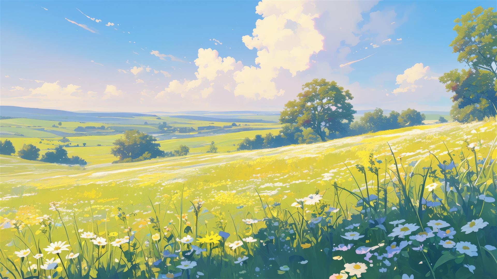 Gentle hills with wildflowers under a calm sky