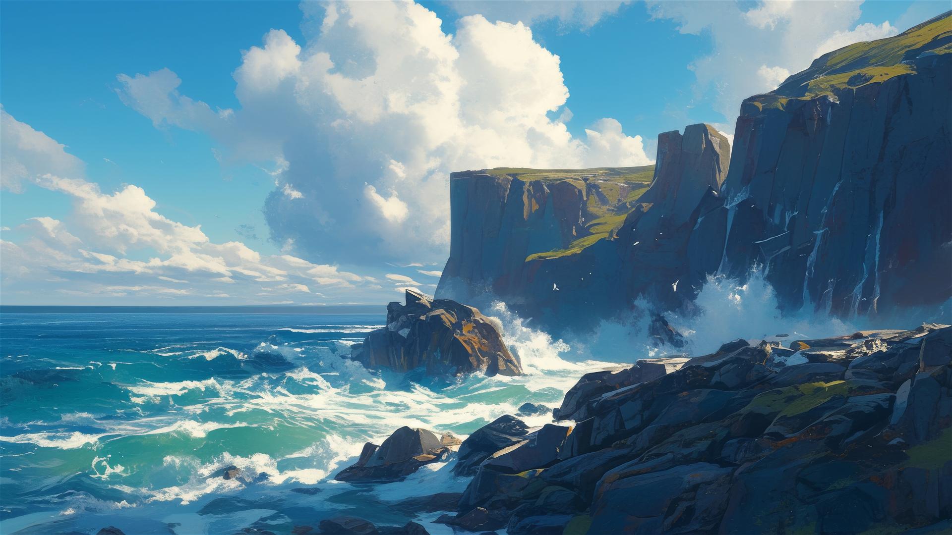 Rocky cliffs with crashing waves and sea spray