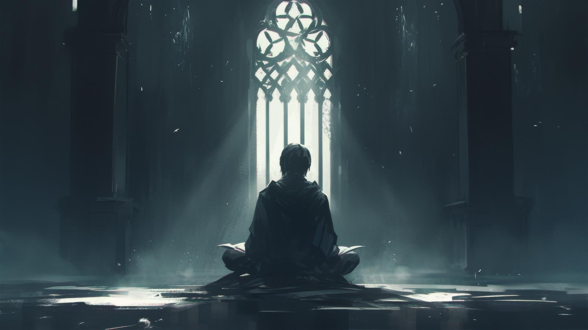 Harry Potter in spotlight with a dark background