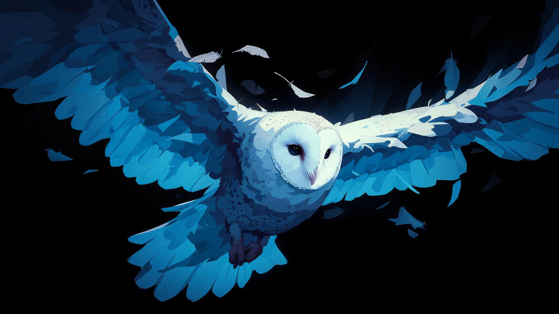 Artistic illustration of Hedwig the owl on dark background with spotlight