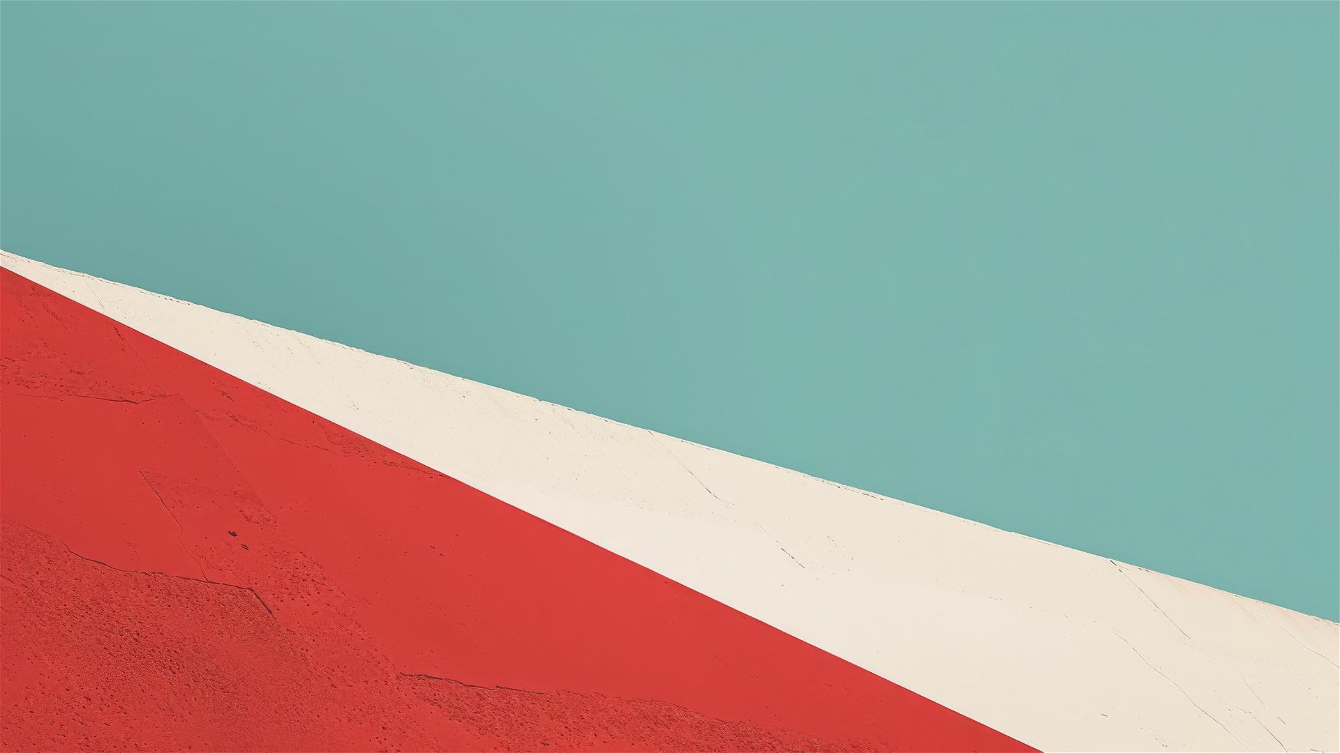 Minimalist design in crimson, white, and cyan
