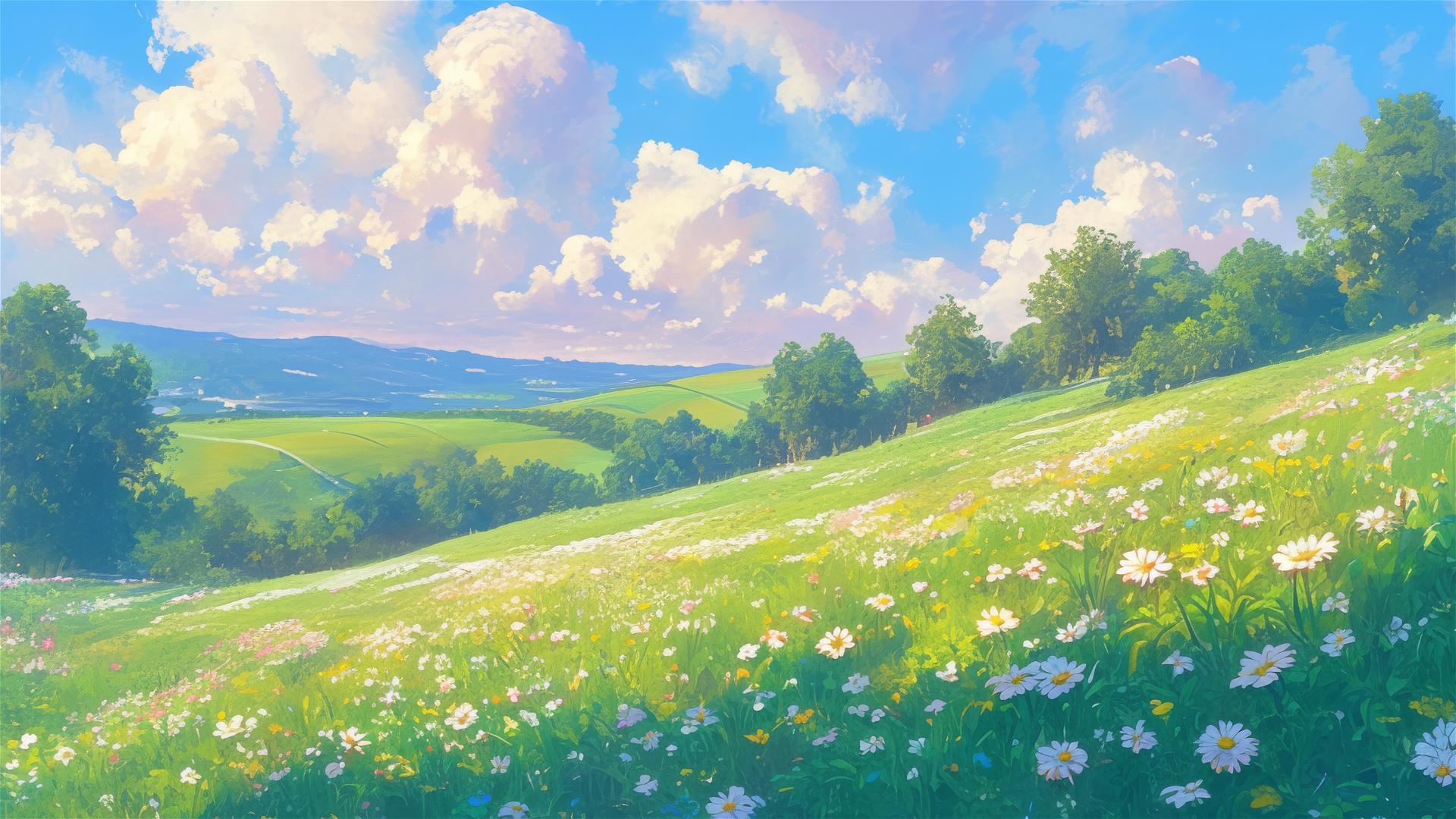 Gentle hills with wildflowers under a soft sky