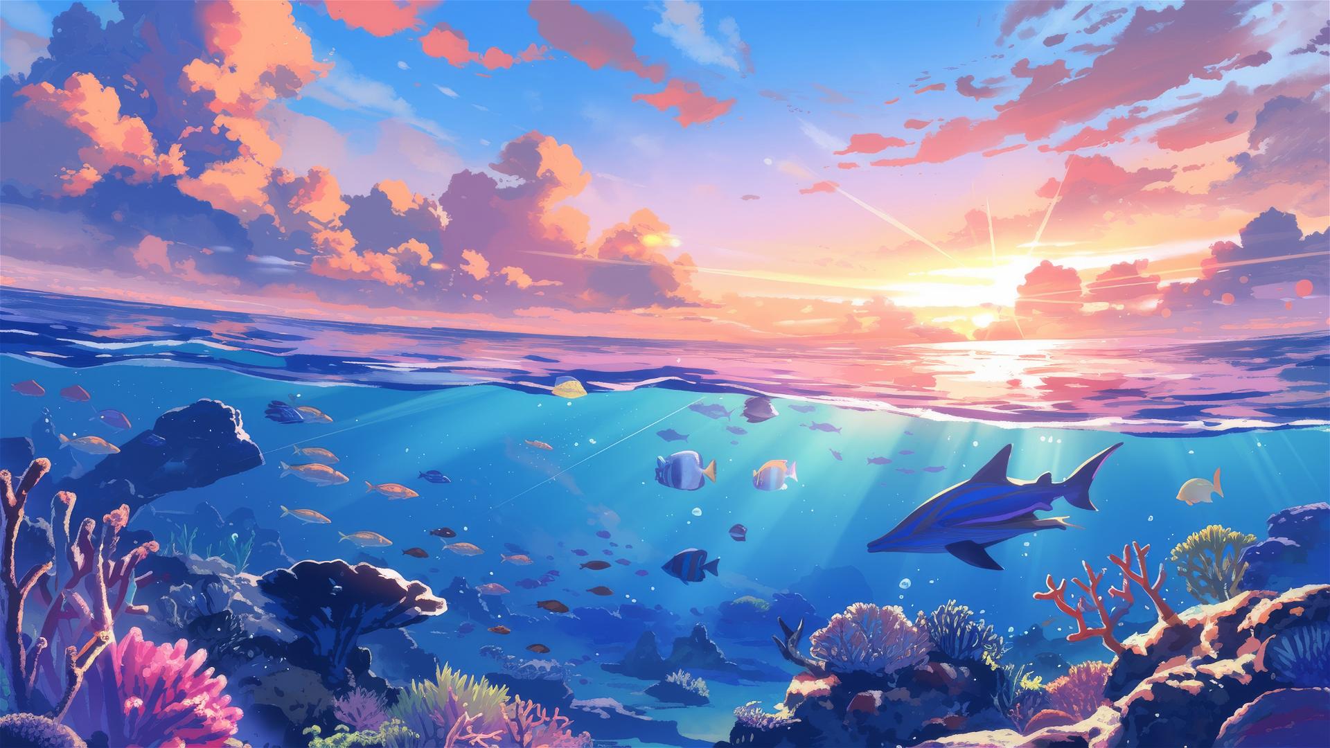 Sunset rays pierce the surface over a lively coral reef underwater scene