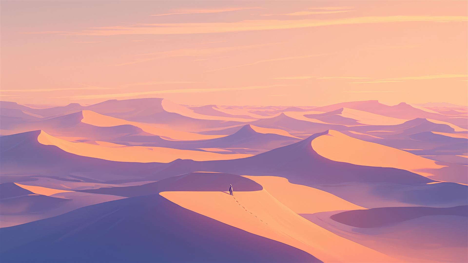 Desert dunes at twilight with soft shadows and pastel sky
