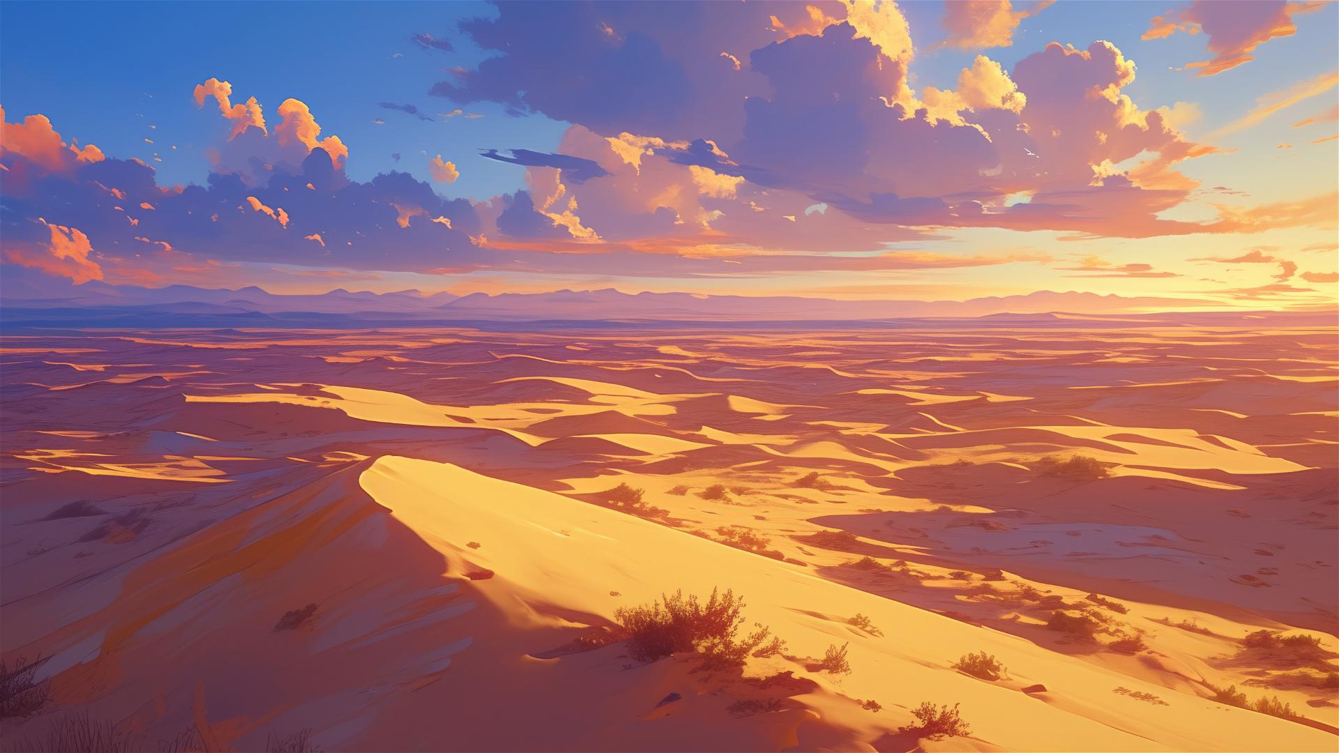 Desert dunes at twilight with soft shadows and a pastel sky