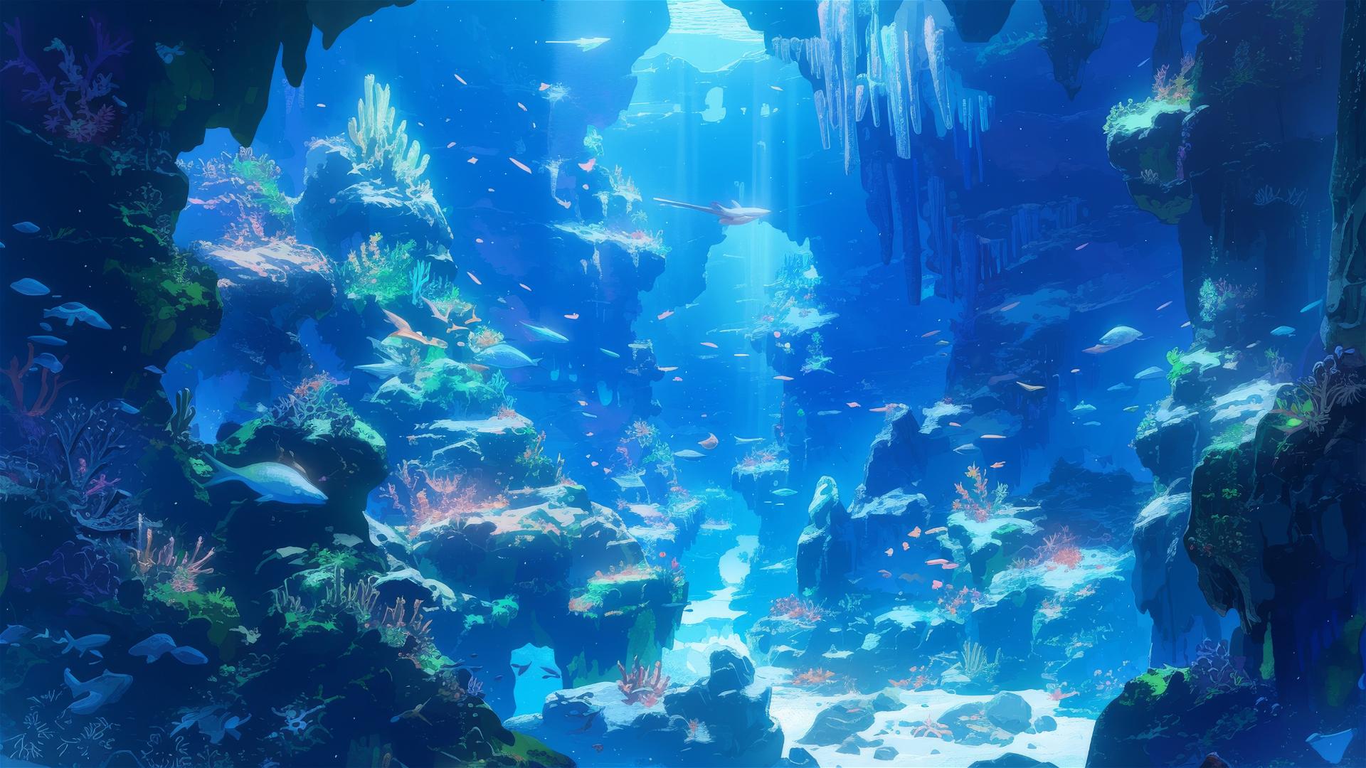 Luminescent fish in a crystal-clear undersea cave with glowing algae