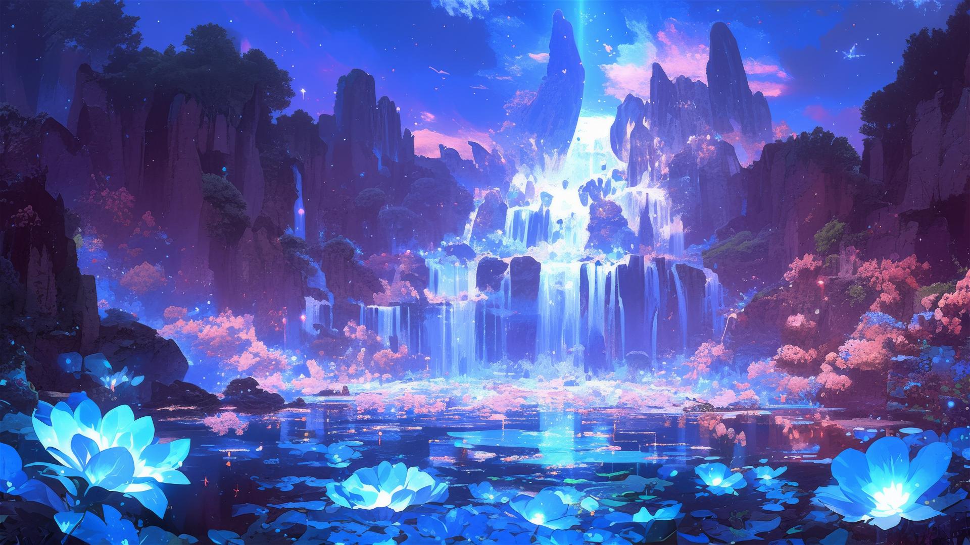 Spectral waterfall with luminous flowers and misty air
