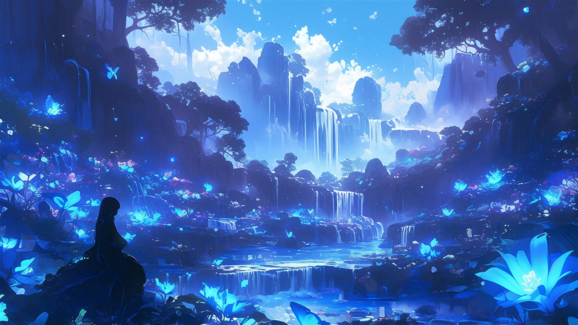 Spectral waterfall with ethereal pond and luminous flowers