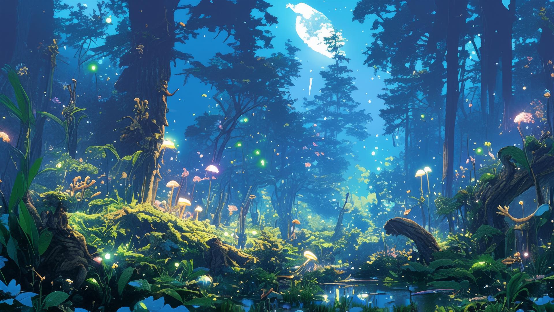 Fantasy forest clearing with glowing mushrooms under moonlight