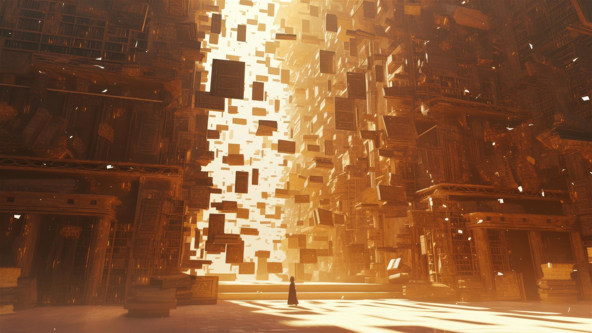 Ancient library with books floating and soft light illuminating dust motes