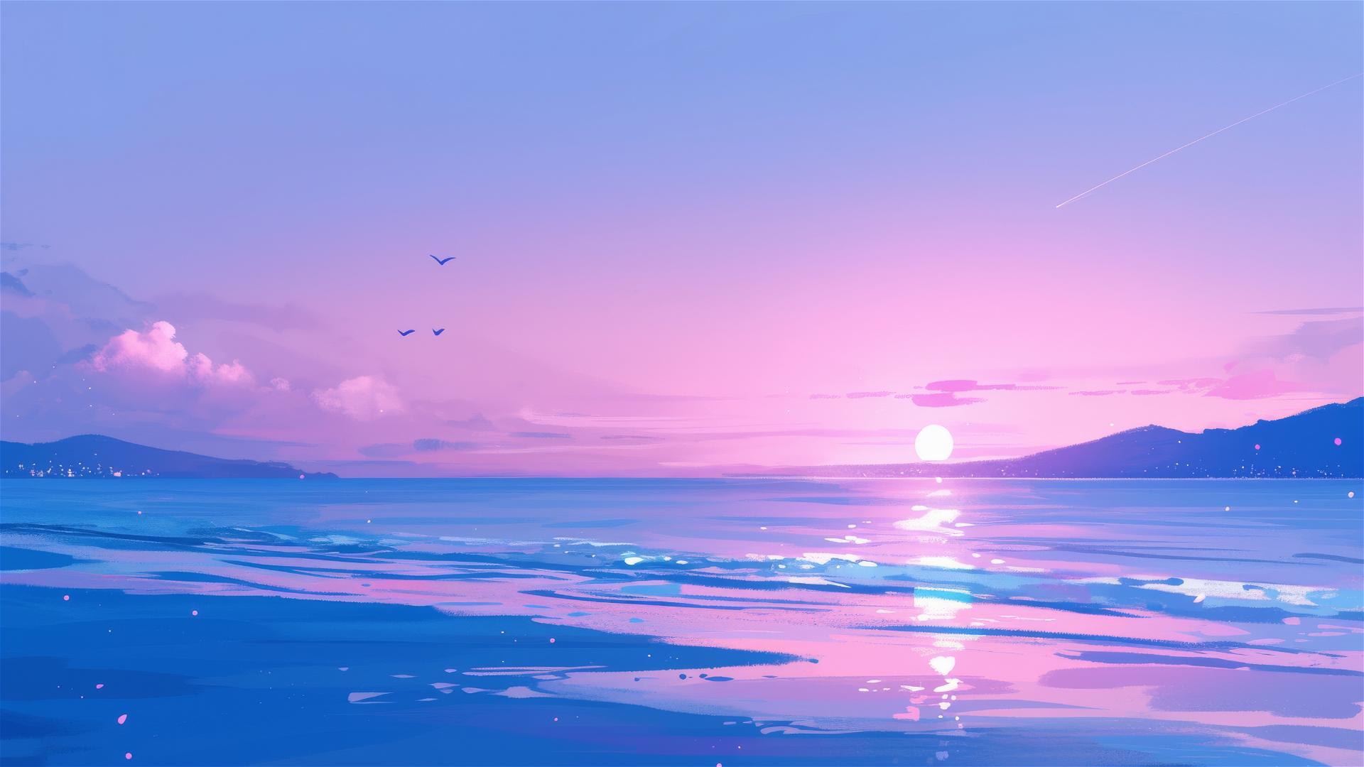 Dreamy beach, twilight, pink and purple sky reflecting moonlight