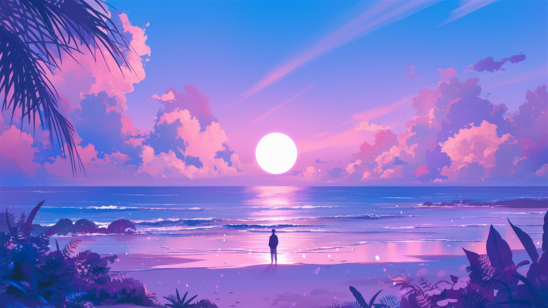 Serene beach at night with moonlit sea and dreamy pink-purple sky