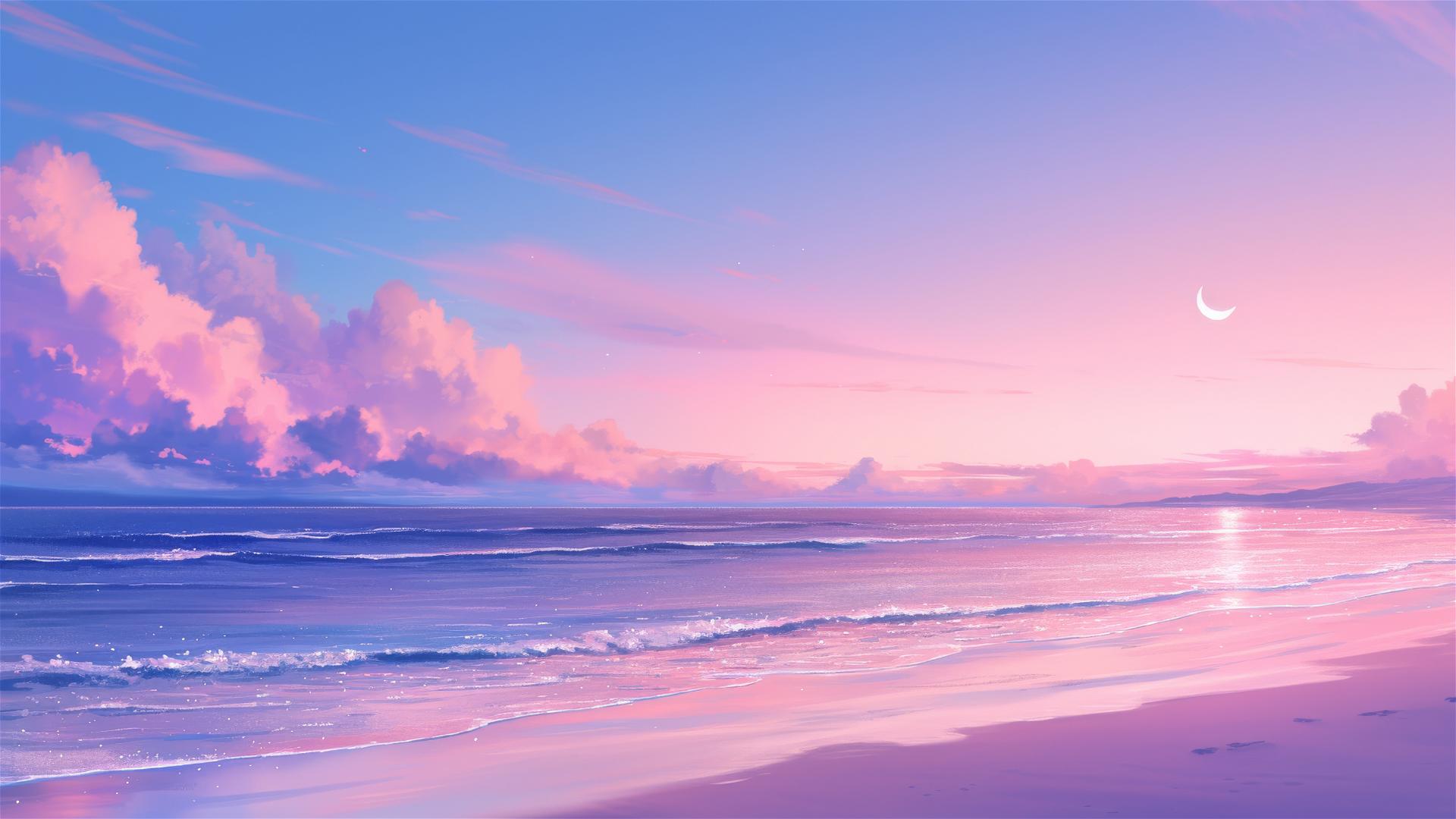 Dreamy beach at night with a pink and purple sky reflecting calm moonlit sea
