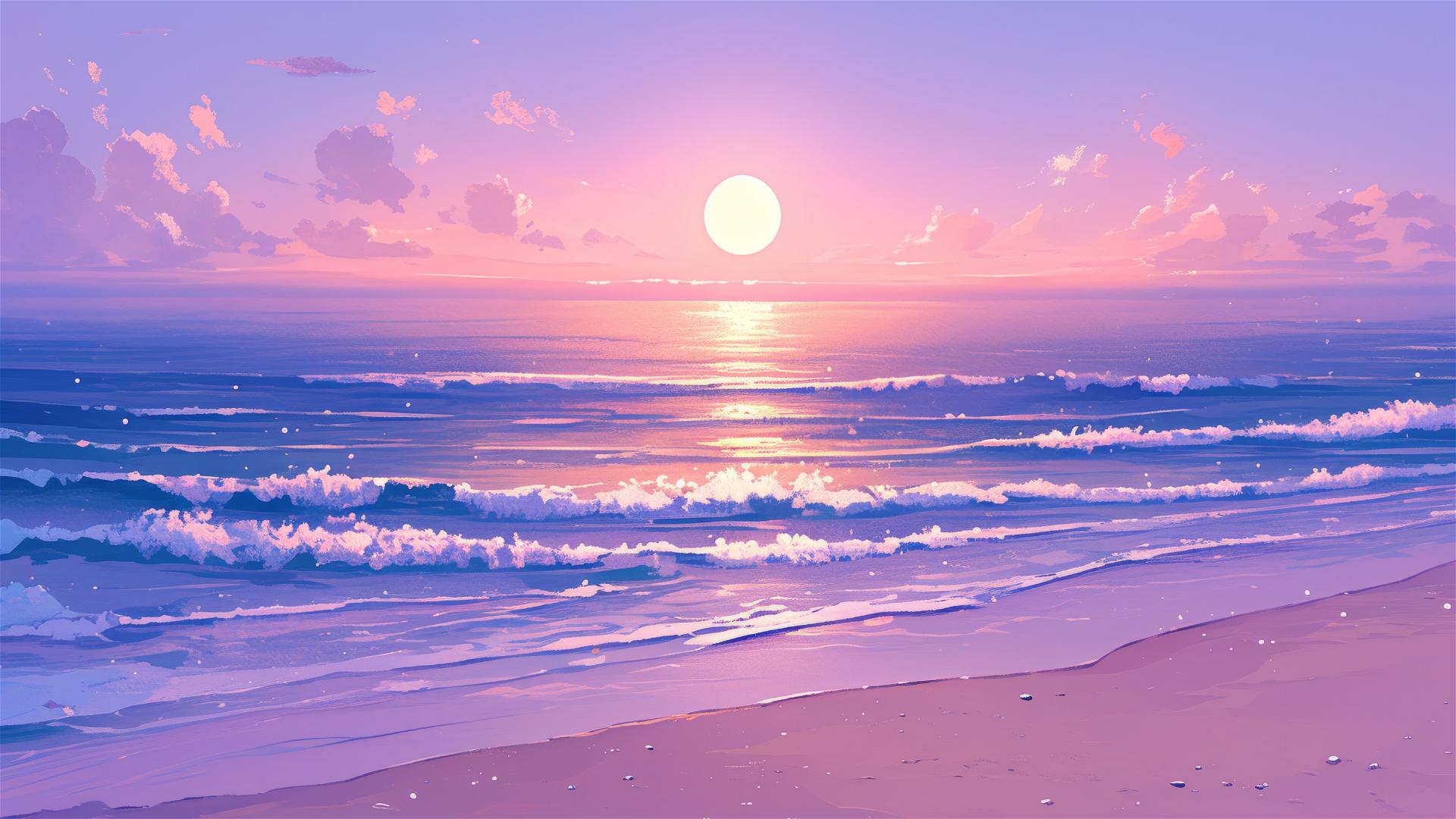 Serene beach night with pink-purple sky and moonlit sea