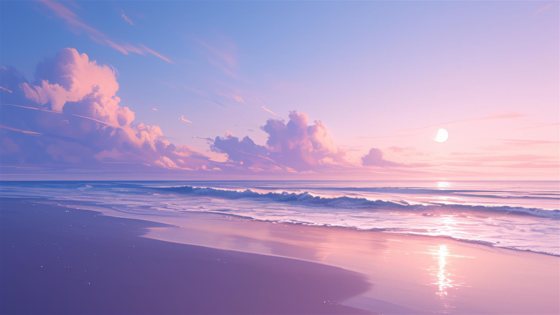 Serene beach with pink and purple twilight sky reflecting on calm sea