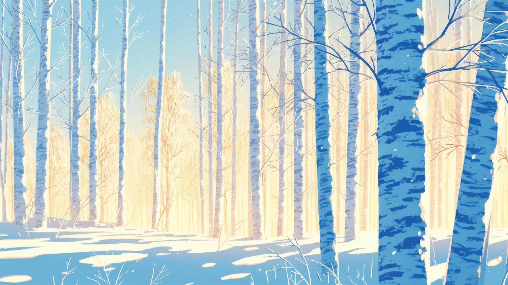 Frosty birch grove at dawn with pale light and white trunks