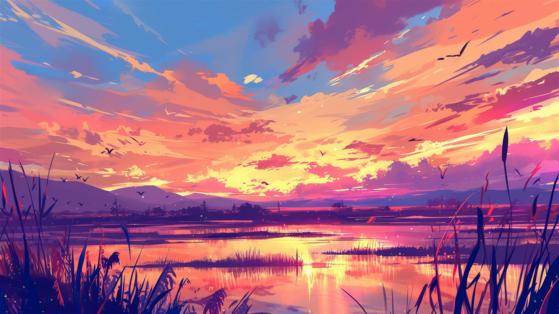 Peaceful marsh at sunset with orange and pink sky, still water reflection