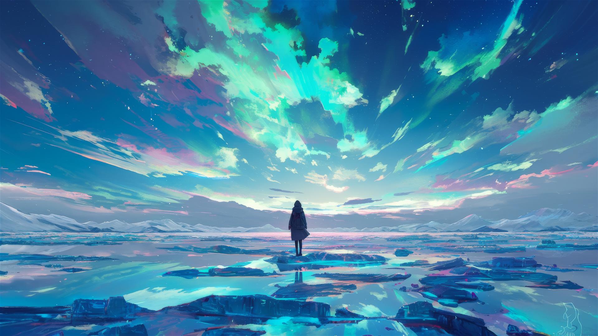 Sparkling ice field under the Northern Lights