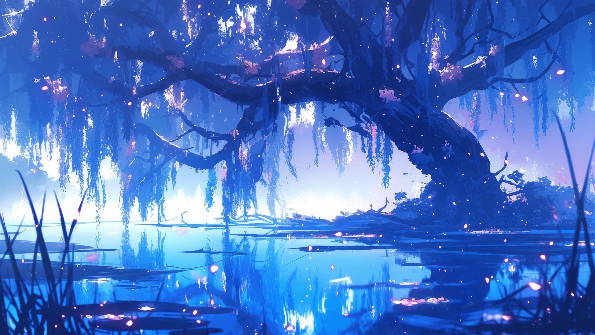 Spectral willow trees beside a pond with glowing ripples