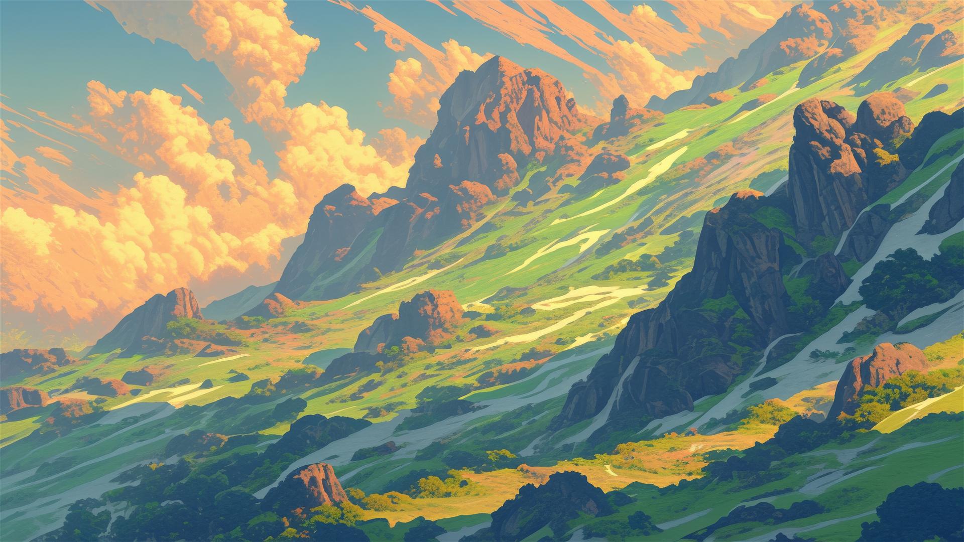 Mountain ridges glowing at sunset with intricate shadow patterns