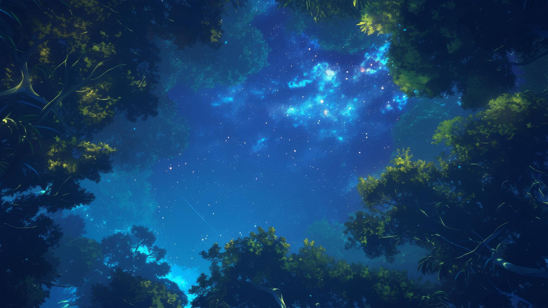 Bioluminescent rainforest canopy at night resembling stars