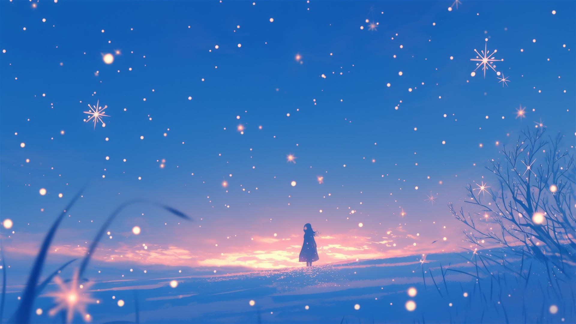 Glowing snowflakes resemble starry carpet on snowy field in tranquility