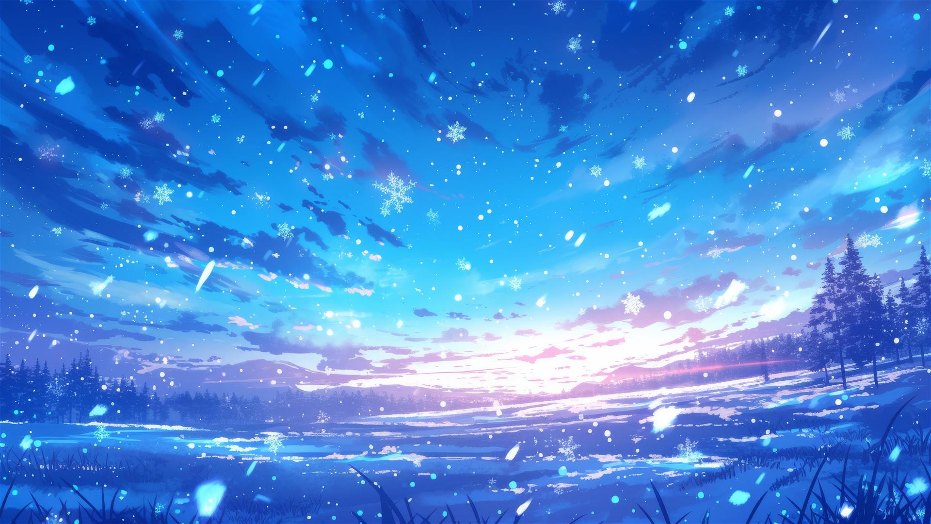 Glowing snowflakes carpeting a serene snowy field at night