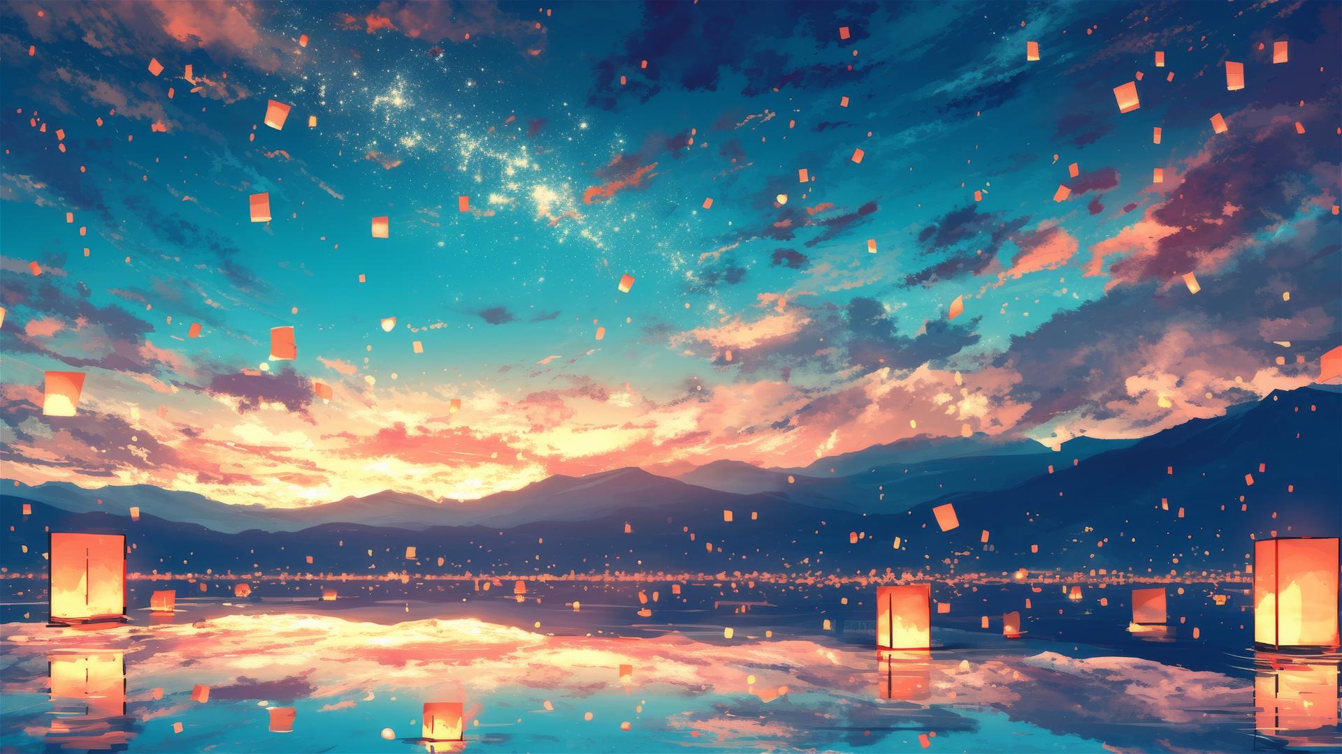 Serene mirror lake reflecting starry sky with floating lanterns