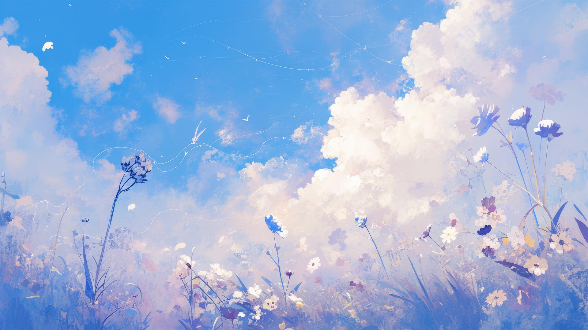 Floating flowers in a sky meadow with spider silk threads