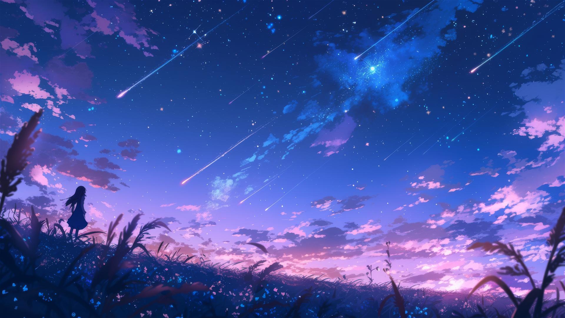 Hilltops under starry sky with shooting stars leaving glowing trails on grass
