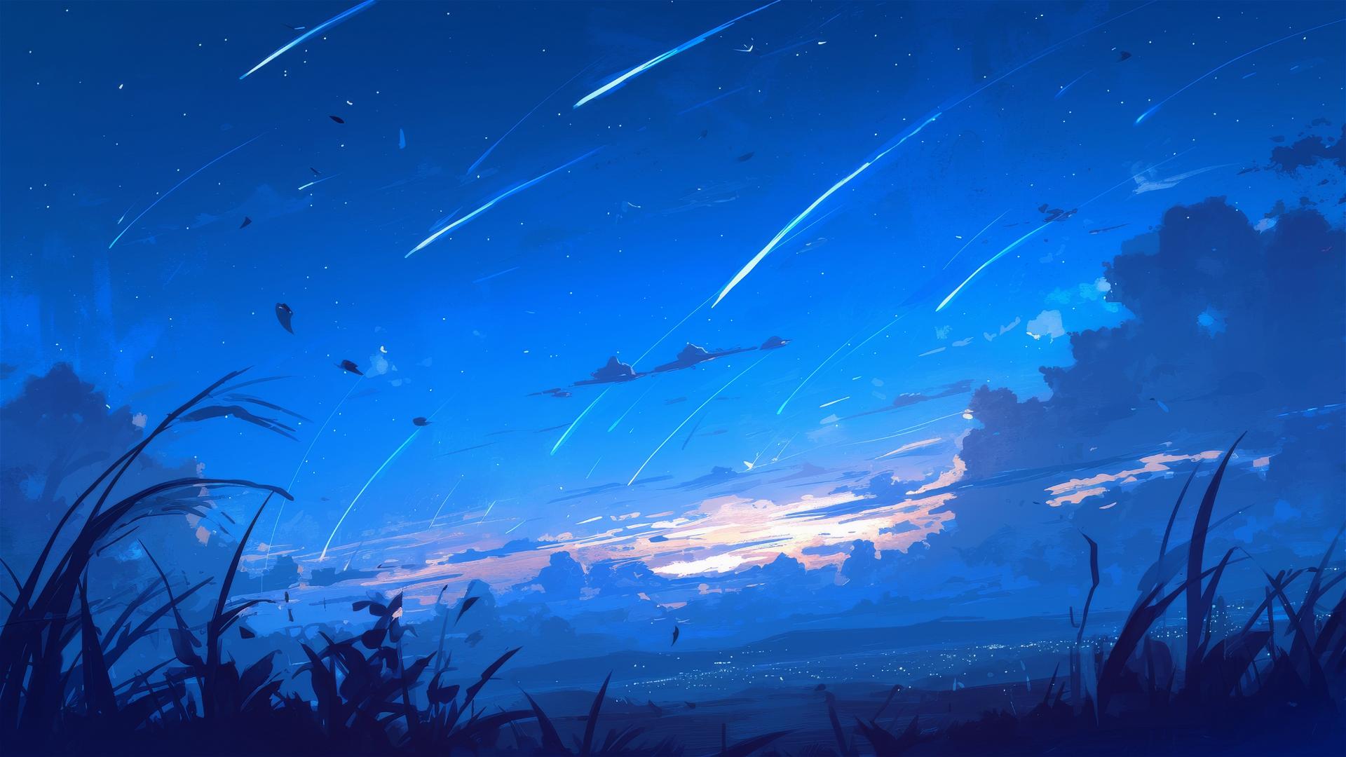 Silent hilltops with shooting stars and glowing grass trails