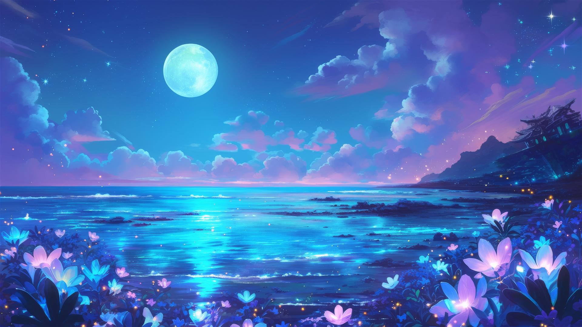 Luminous night-blooming flowers on a secluded island