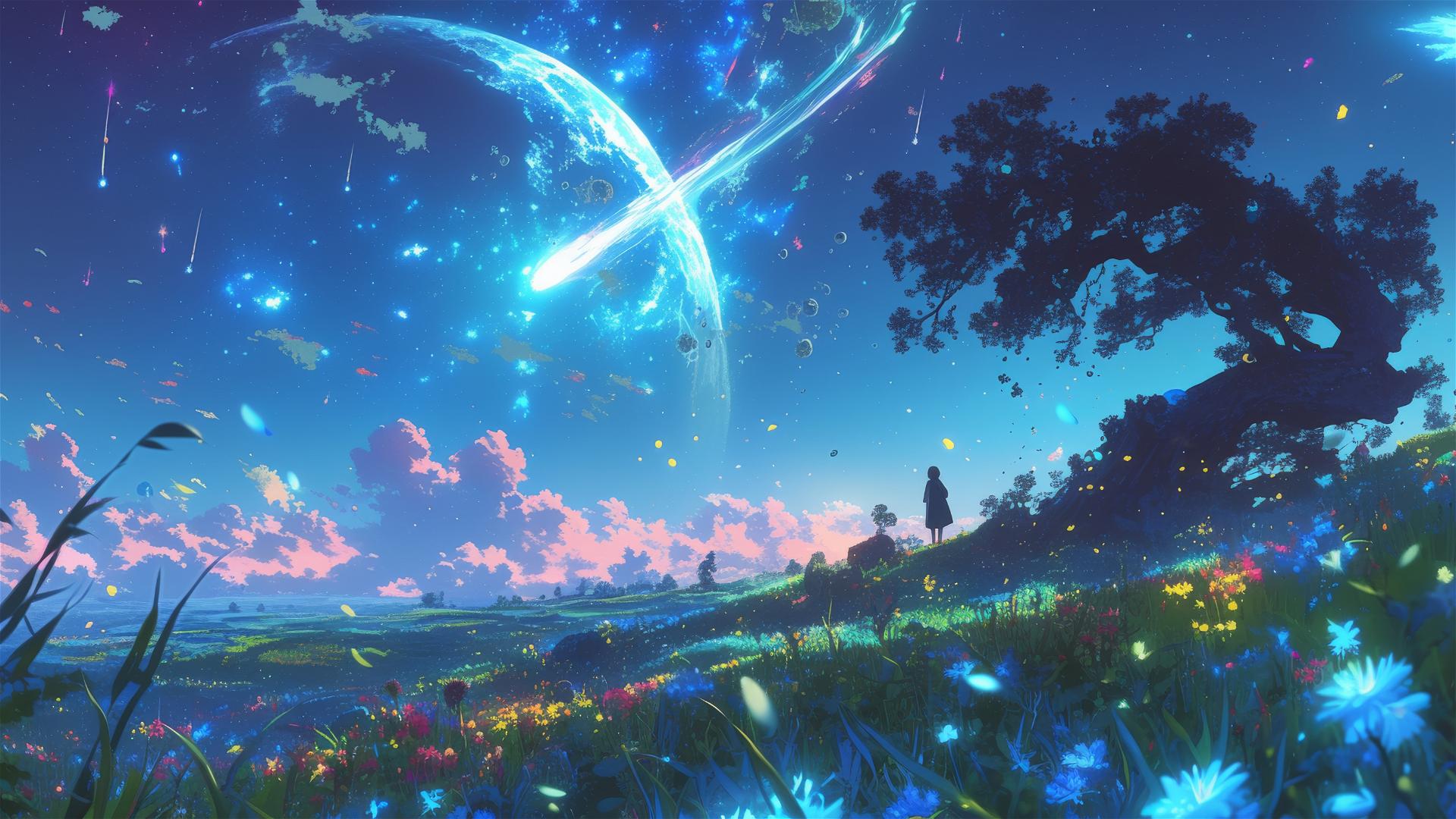 Glowing flowers sprouting from landed shooting stars in a cosmic garden