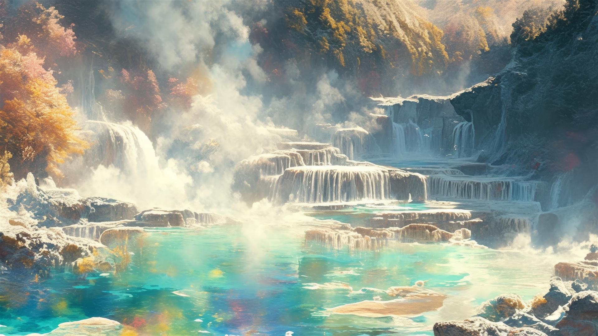 Rainbow mist rising from hot springs with prismatic steam